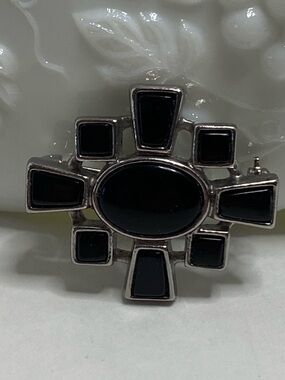 Vintage Liz Claiborne LC Black Glass Cabochon Geometric Brooch Modernist Design